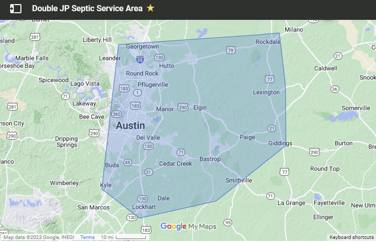 A map of the Austin Texas area showing Double JP Septic serving cities including Round Rock, Rockdale, Giddings, Smithville, Lockhart, Kyle, and Del Valle.